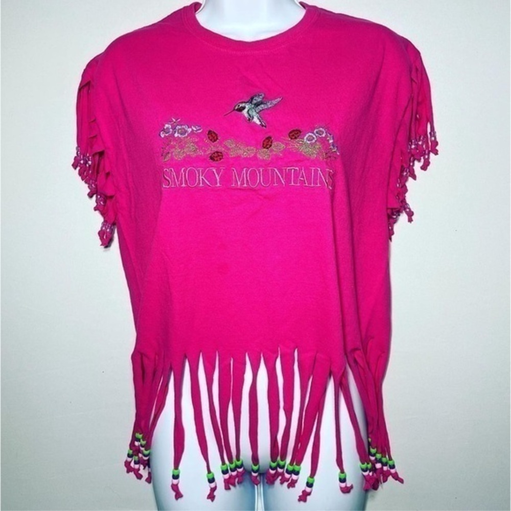Smoky Mountains Embroidered Upcycled Secondhand Hand Cut Beaded Fringe Tee Shirt